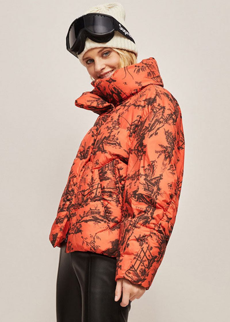 Bohemian Orange Stand Krave Zip Up Print Andedun Jakker Vinter - Orange