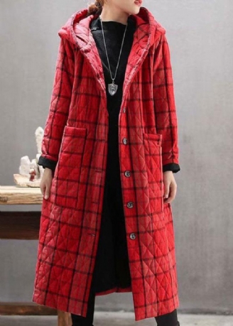 Bohemian Rød Hooded Plaid Lommer Fin Bomuld Fyldt Lang Frakke Outwear Winter