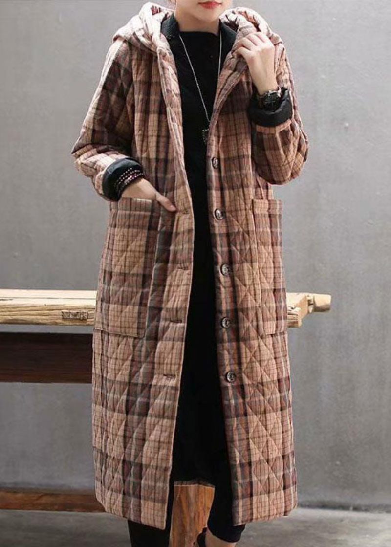 Bohemian Rød Hooded Plaid Lommer Fin Bomuld Fyldt Lang Frakke Outwear Winter - Dame dunjakker