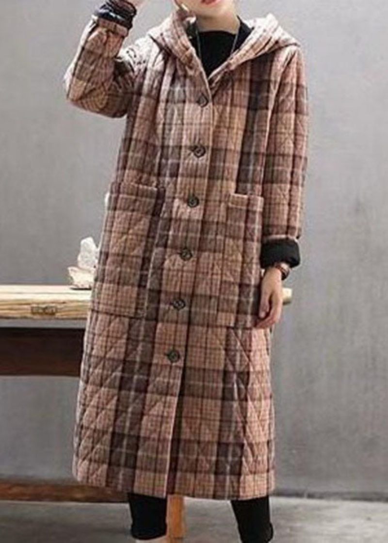 Bohemian Rød Hooded Plaid Lommer Fin Bomuld Fyldt Lang Frakke Outwear Winter - Dame dunjakker