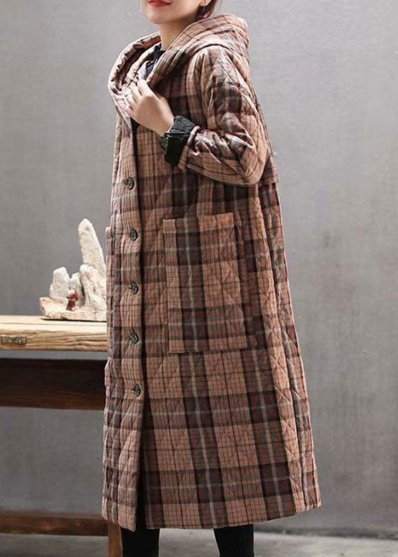 Bohemian Rød Hooded Plaid Lommer Fin Bomuld Fyldt Lang Frakke Outwear Winter - Dame dunjakker