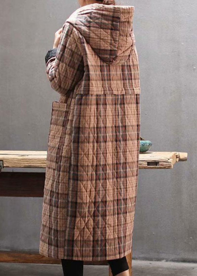 Bohemian Rød Hooded Plaid Lommer Fin Bomuld Fyldt Lang Frakke Outwear Winter - Dame dunjakker