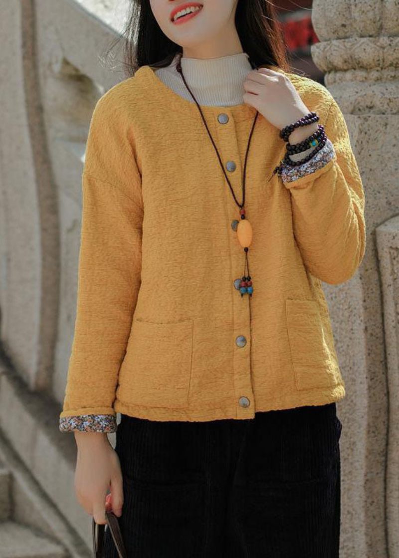 Bohemian Yellow Jacquard Solid Fin Bomuld Fyldt Coat Outwear Winter