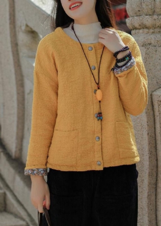 Bohemian Yellow Jacquard Solid Fin Bomuld Fyldt Coat Outwear Winter