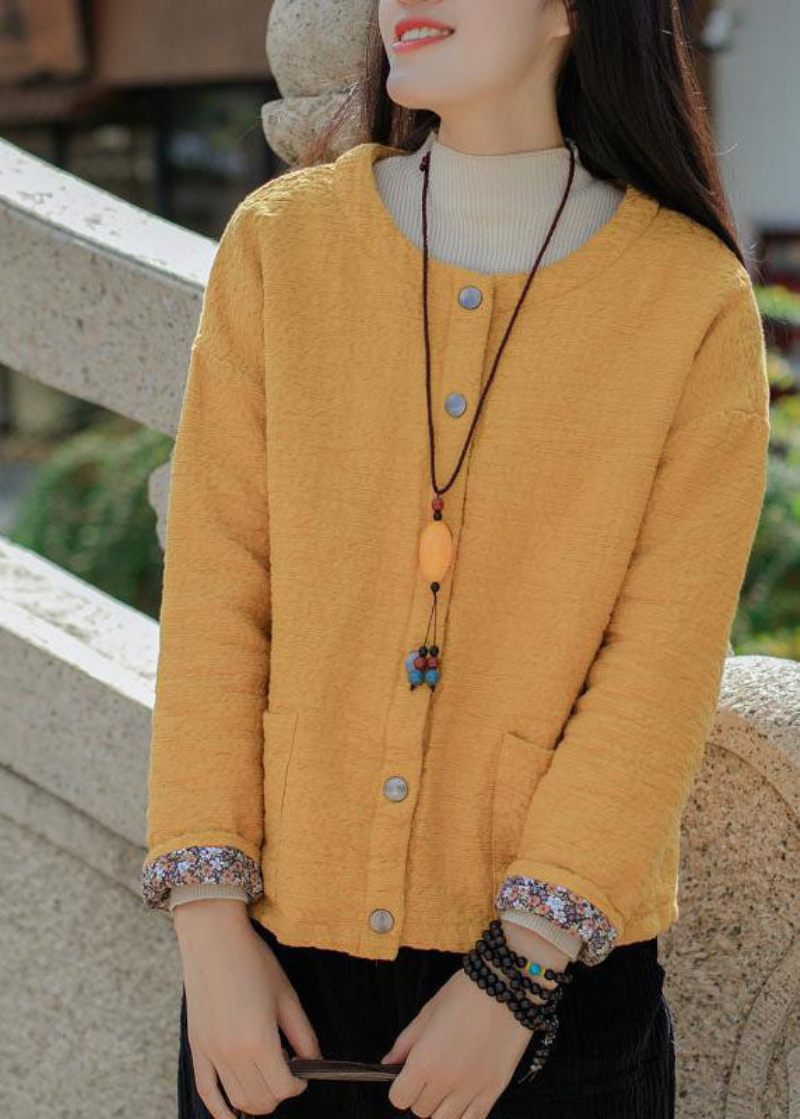 Bohemian Yellow Jacquard Solid Fin Bomuld Fyldt Coat Outwear Winter - Gul