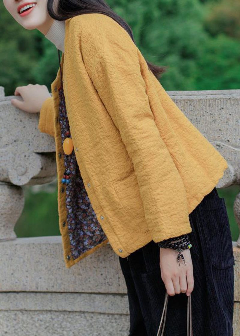 Bohemian Yellow Jacquard Solid Fin Bomuld Fyldt Coat Outwear Winter - Gul