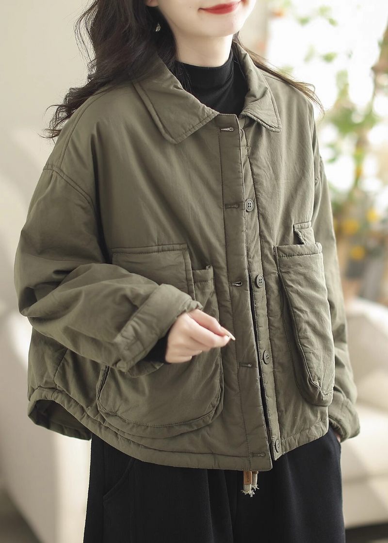 Boho Army Green Oversized Lommer Fine Bomuld Fyldt Parkaer Winter