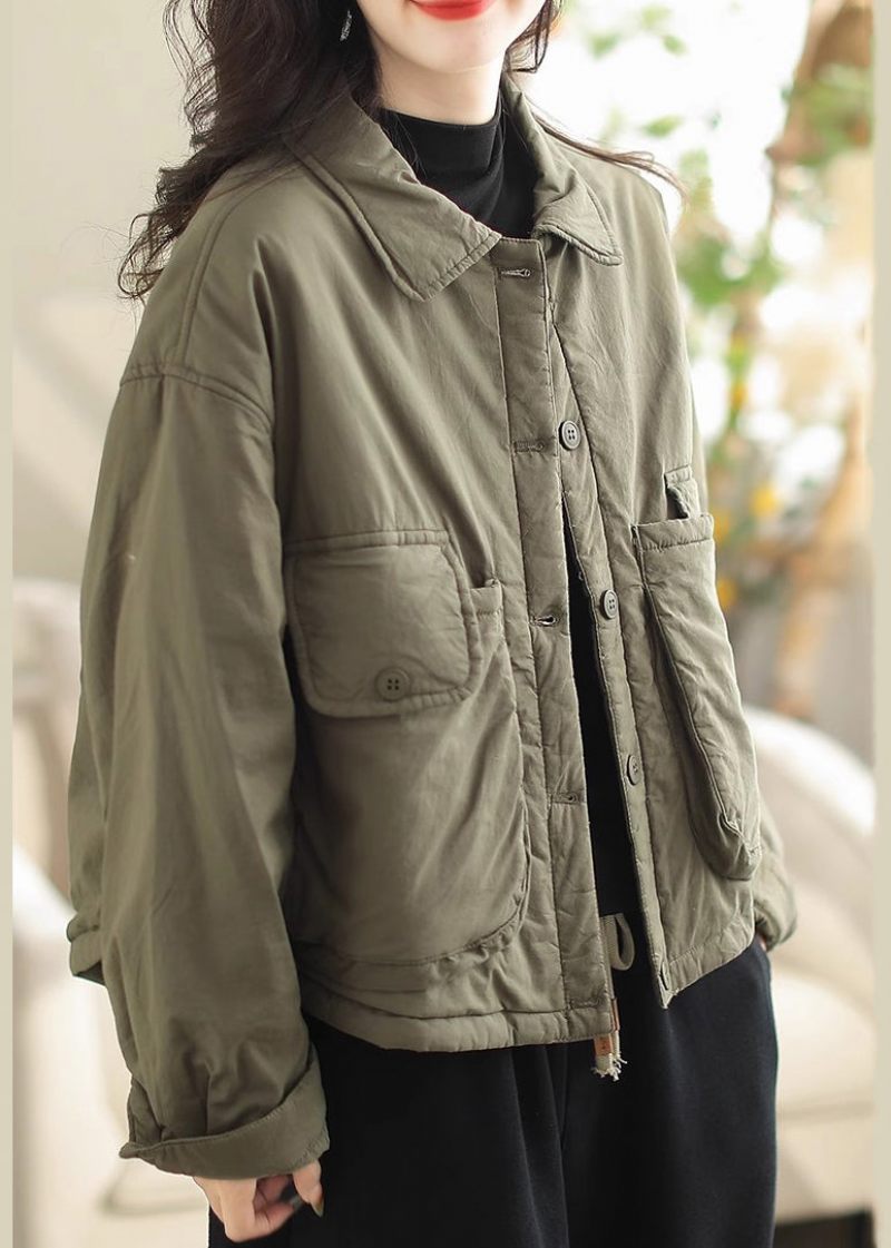 Boho Army Green Oversized Lommer Fine Bomuld Fyldt Parkaer Winter - Dame dunjakker