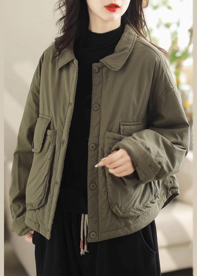 Boho Army Green Oversized Lommer Fine Bomuld Fyldt Parkaer Winter - Dame dunjakker