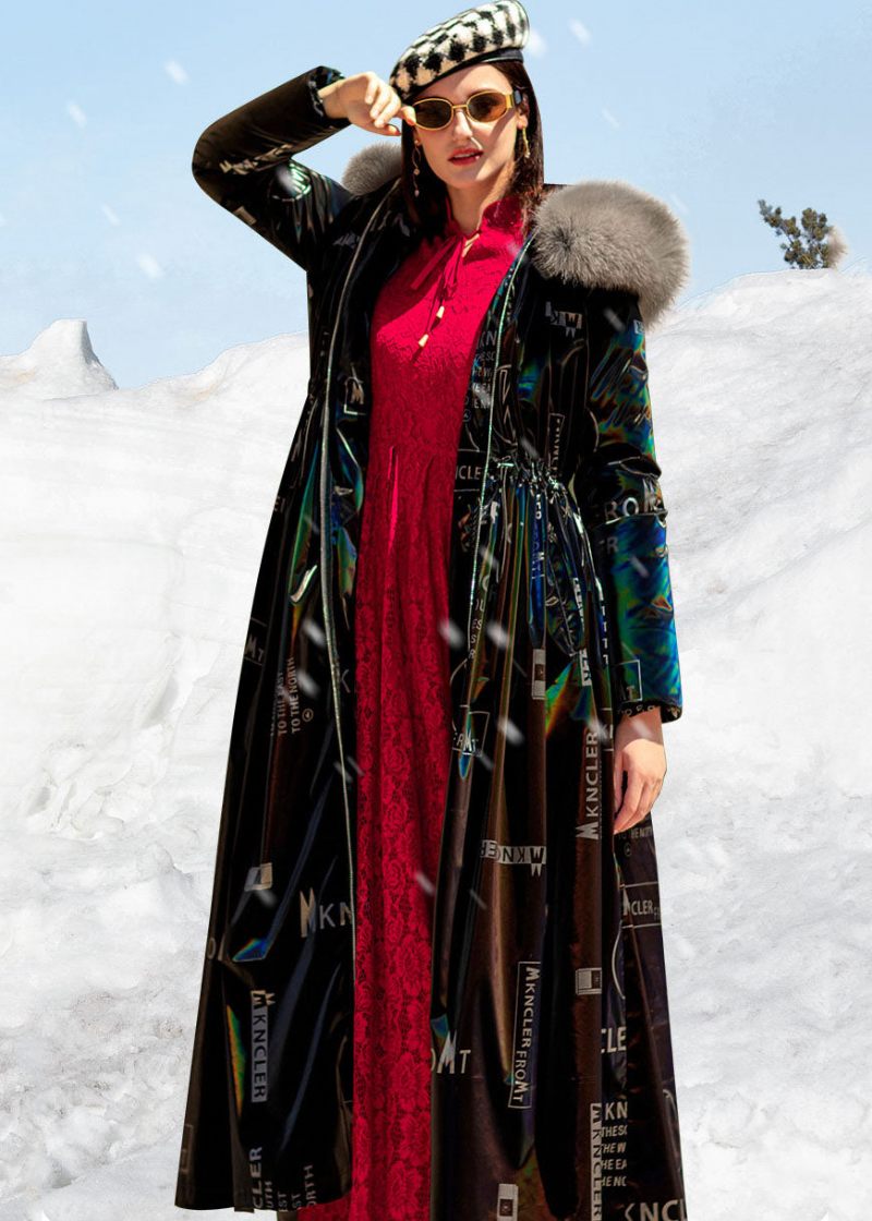 Boho Black Fox Krave Snøre Brev Print Duck Down Puffers Jakker Vinter - Dame dunjakker