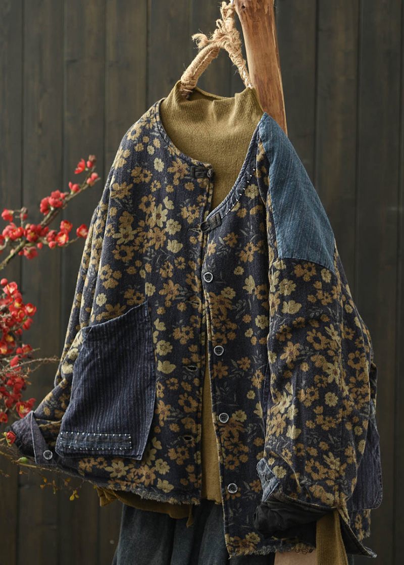 Boho Kaffetryklommer Denim Patchwork Fin Bomuldsfyldt Jakke Vinter - Dame dunjakker