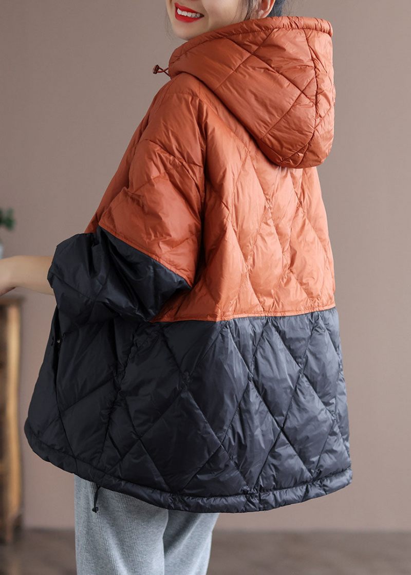 Boho Orange Patchwork Sort Loose Winter Down Frakke Med Hætte - Orange