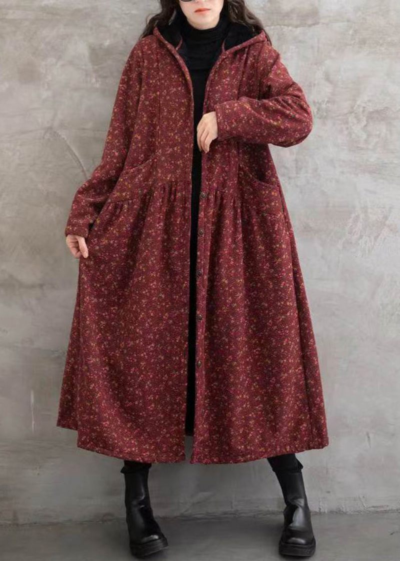 Boho Rødt Tryk Lommer Patchwork Varm Fleece Hætte Trench Winter