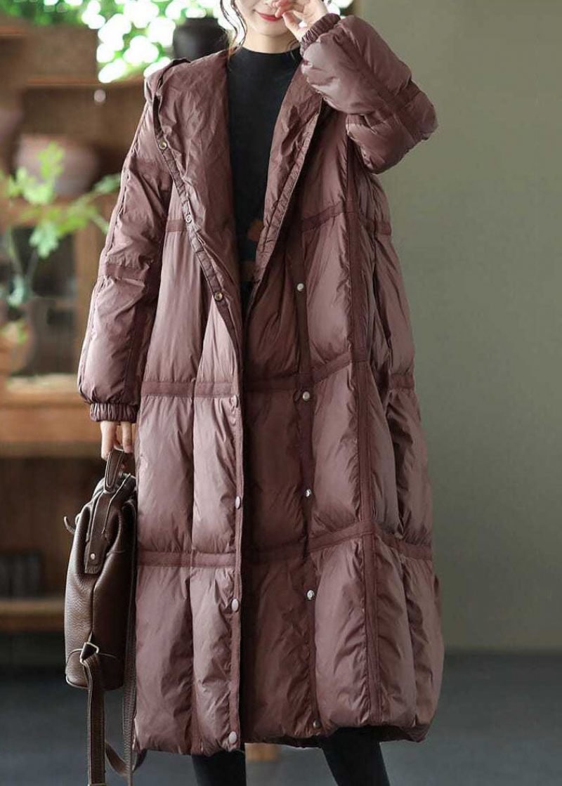 Boutique Brown Hooded Plaid Oversized Duck Down Puffer Lange Frakker Vinter - Dame dunjakker