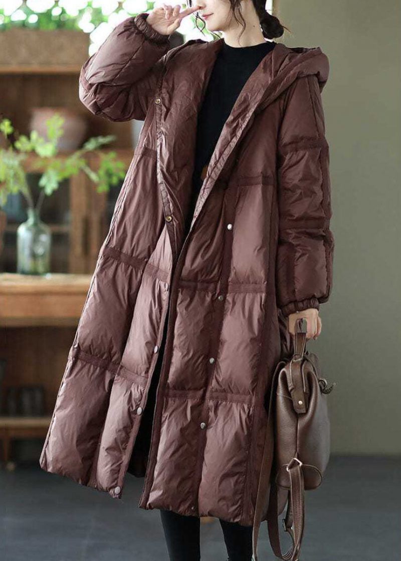 Boutique Brown Hooded Plaid Oversized Duck Down Puffer Lange Frakker Vinter - Dame dunjakker