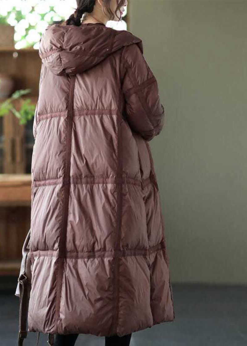 Boutique Brown Hooded Plaid Oversized Duck Down Puffer Lange Frakker Vinter - Dame dunjakker