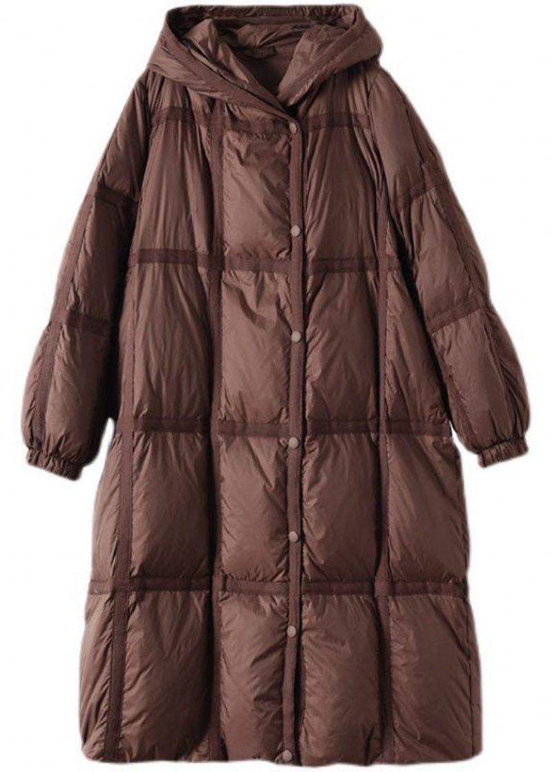 Boutique Brown Hooded Plaid Oversized Duck Down Puffer Lange Frakker Vinter - Dame dunjakker