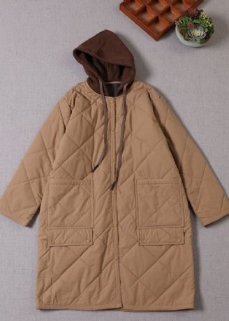 Boutique Khaki Hætte Patchwork Fin Bomuld Fyldt Parka Winter