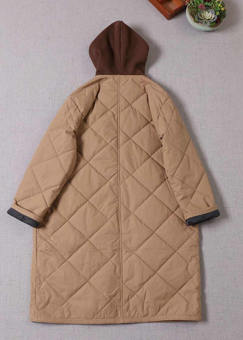 Boutique Khaki Hætte Patchwork Fin Bomuld Fyldt Parka Winter - Dame dunjakker