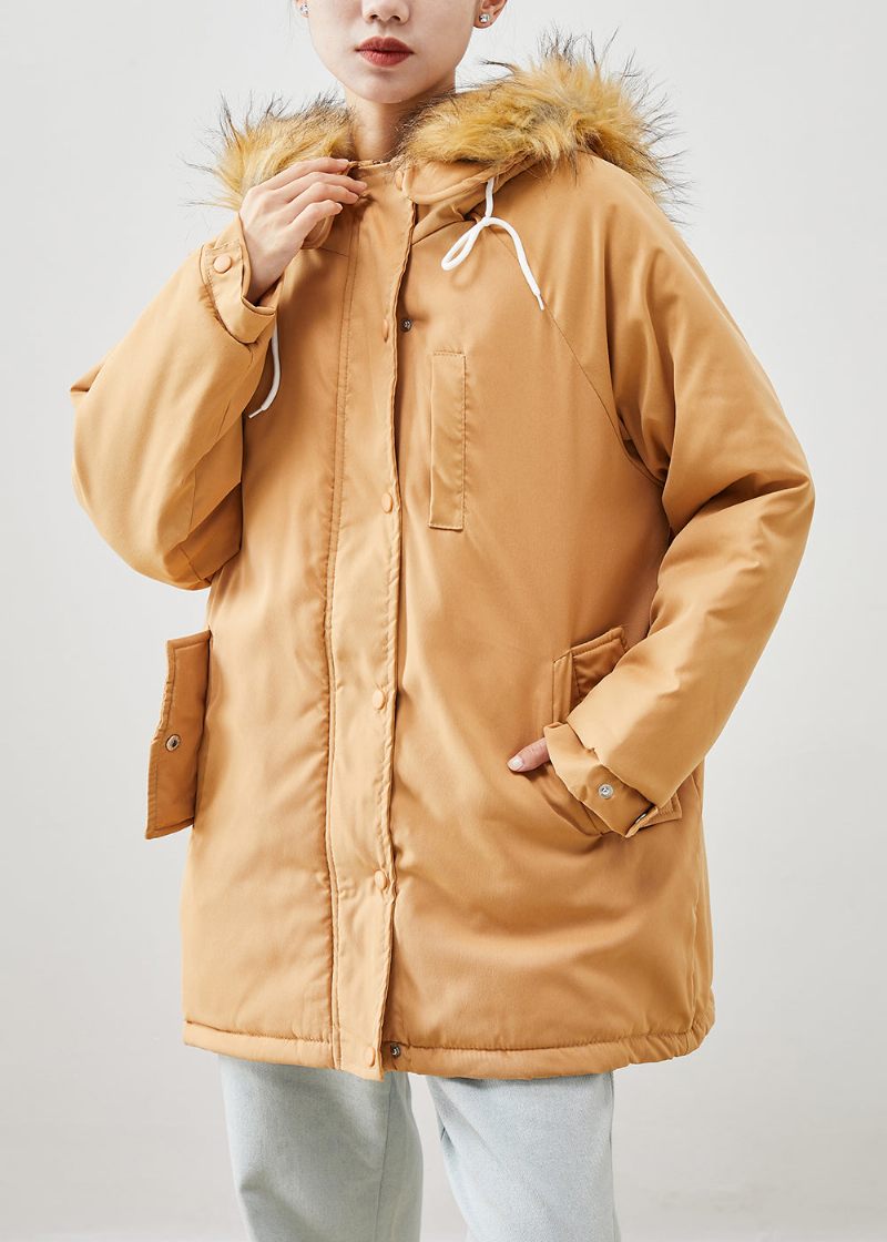 Boutique Khaki Pelskrave Oversized Tyk Fin Bomuld Fyldt Pufferjakke Vinter