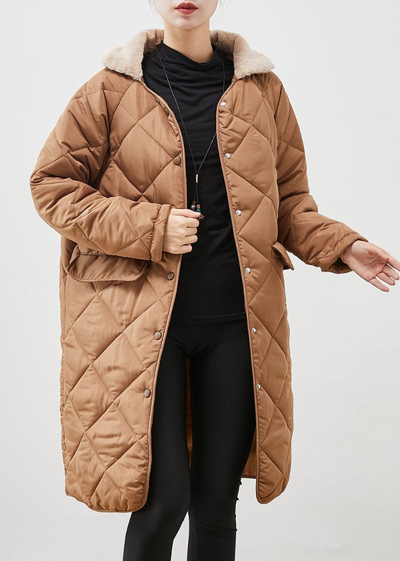 Brun Løs Andedun Puffer Coat Pelskrave Lommer Vinter