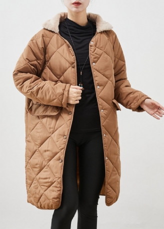 Brun Løs Andedun Puffer Coat Pelskrave Lommer Vinter