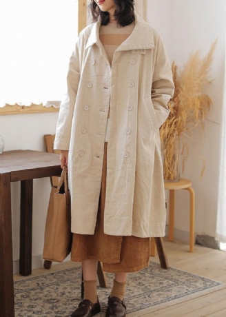 Casual Beige Parkaer Til Kvinder Plus Size Varm Vinterfrakke Dobbelt Brystlommer Vinter Outwear