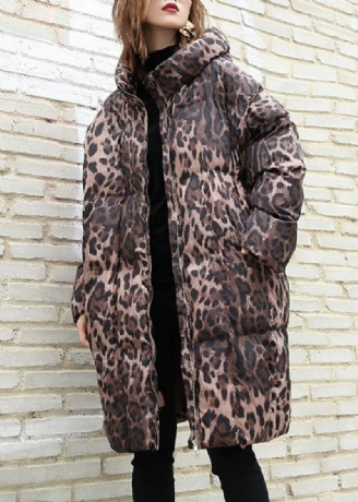 Casual Leopard Kvinder Plus Size Frakker Vinter Hætte Med Lynlås Outwear