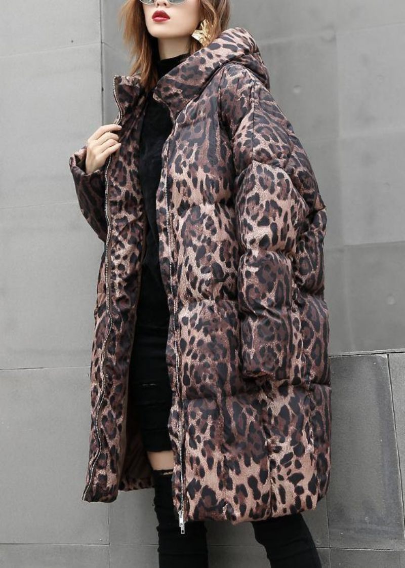 Casual Leopard Kvinder Plus Size Frakker Vinter Hætte Med Lynlås Outwear - Sort