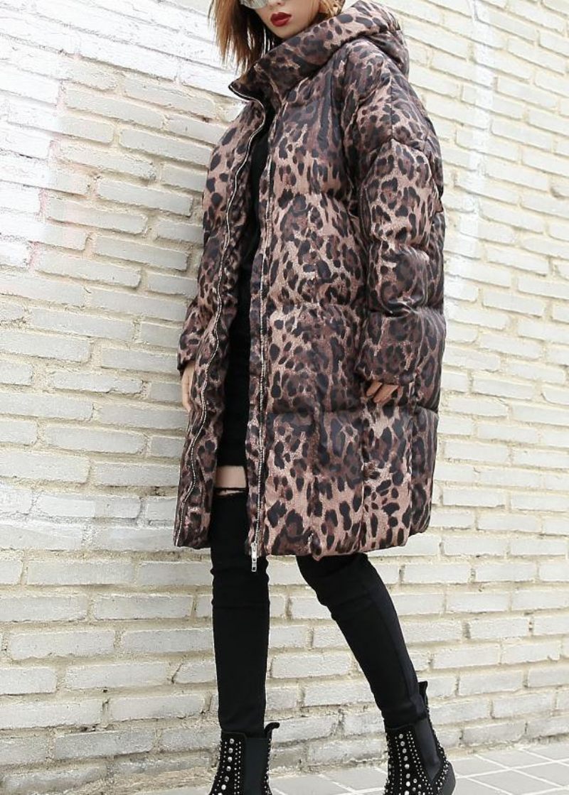 Casual Leopard Kvinder Plus Size Frakker Vinter Hætte Med Lynlås Outwear - Sort