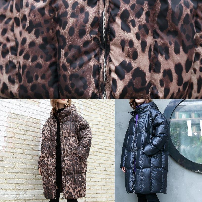 Casual Leopard Kvinder Plus Size Frakker Vinter Hætte Med Lynlås Outwear - Sort