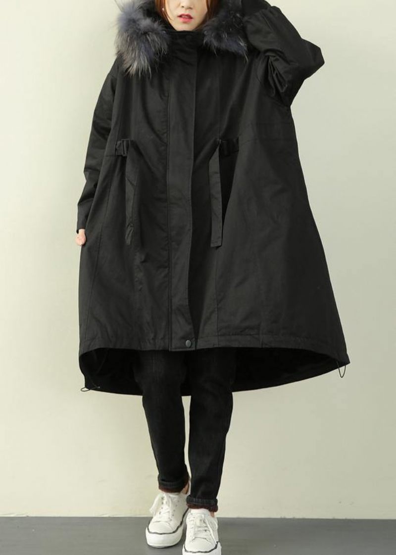 Casual Oversized Vinter Outwear Sorte Hætte I Imiteret Pels Krave Parkaer - Sort