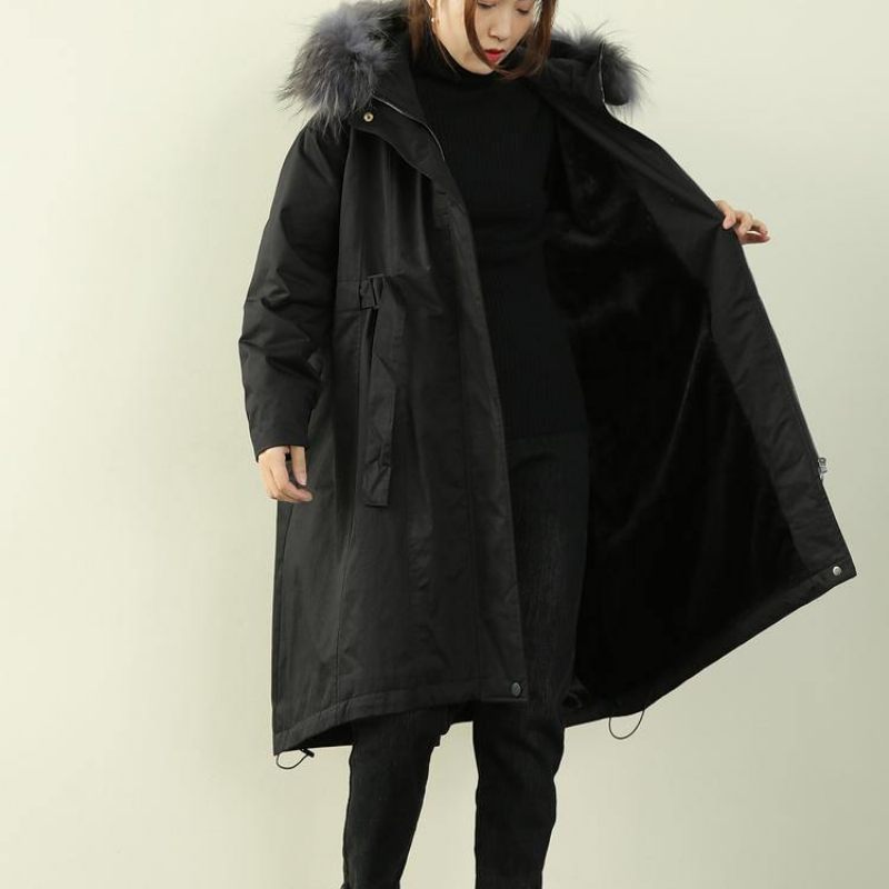 Casual Oversized Vinter Outwear Sorte Hætte I Imiteret Pels Krave Parkaer - Sort