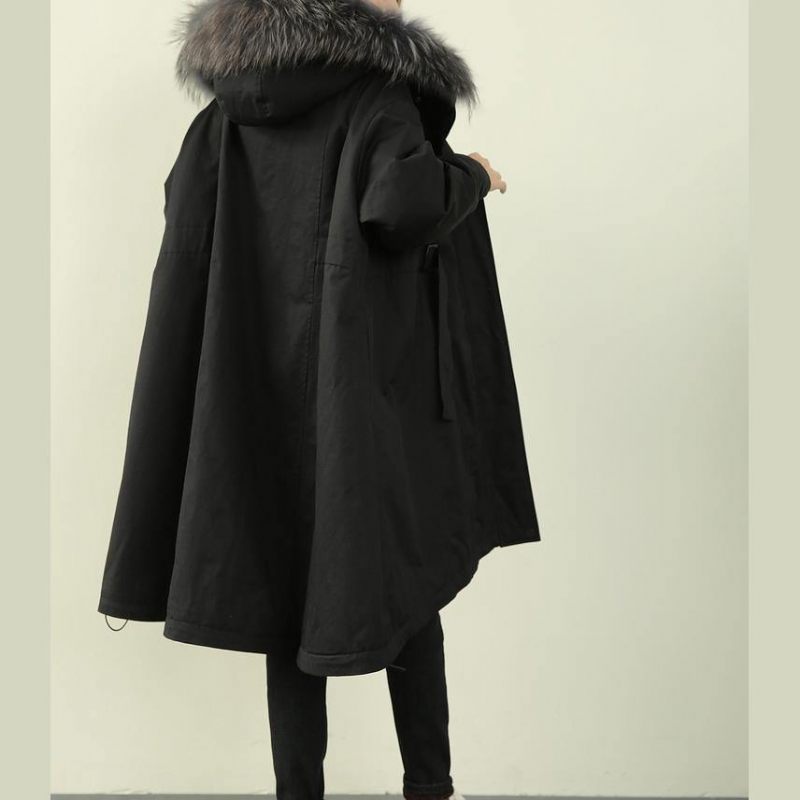 Casual Oversized Vinter Outwear Sorte Hætte I Imiteret Pels Krave Parkaer - Sort