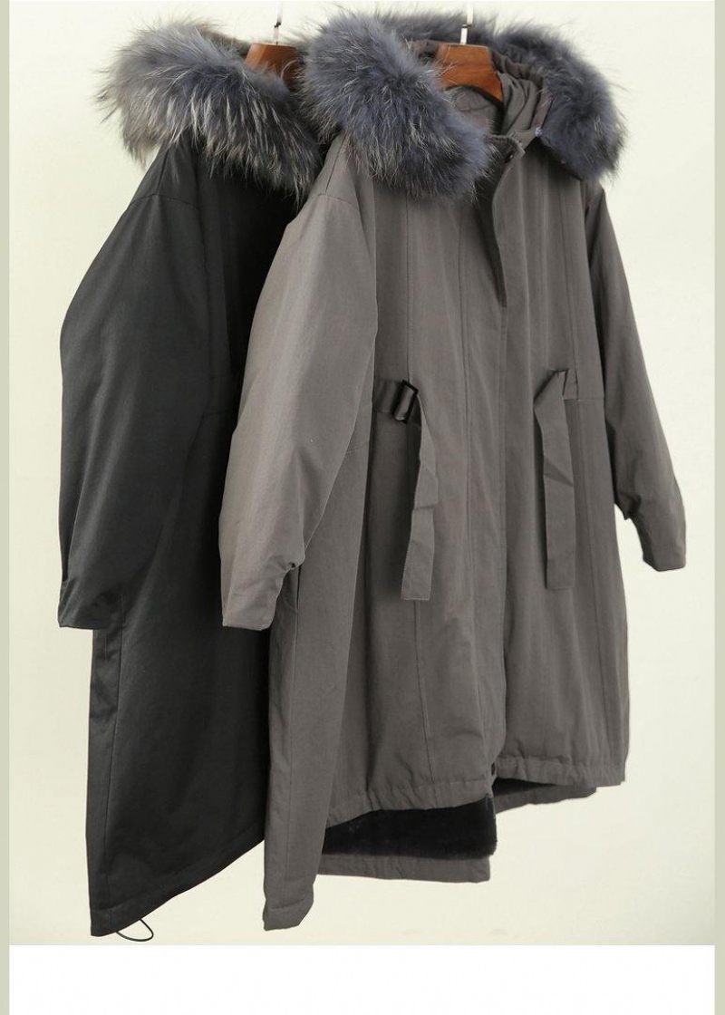 Casual Oversized Vinter Outwear Sorte Hætte I Imiteret Pels Krave Parkaer - Sort