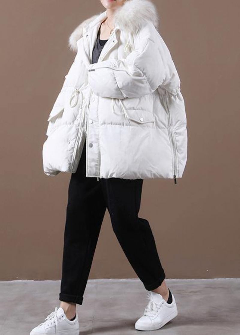 Casual Plus Size Snejakker Vinter Outwear Hvid Hætte Pelskrave Gåsedun Frakke - Sort