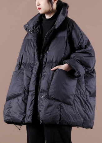 Casual Plus Size Tøj Dameparka Jakker Sort Standkrave Store Lommer Dunfrakke Vinter