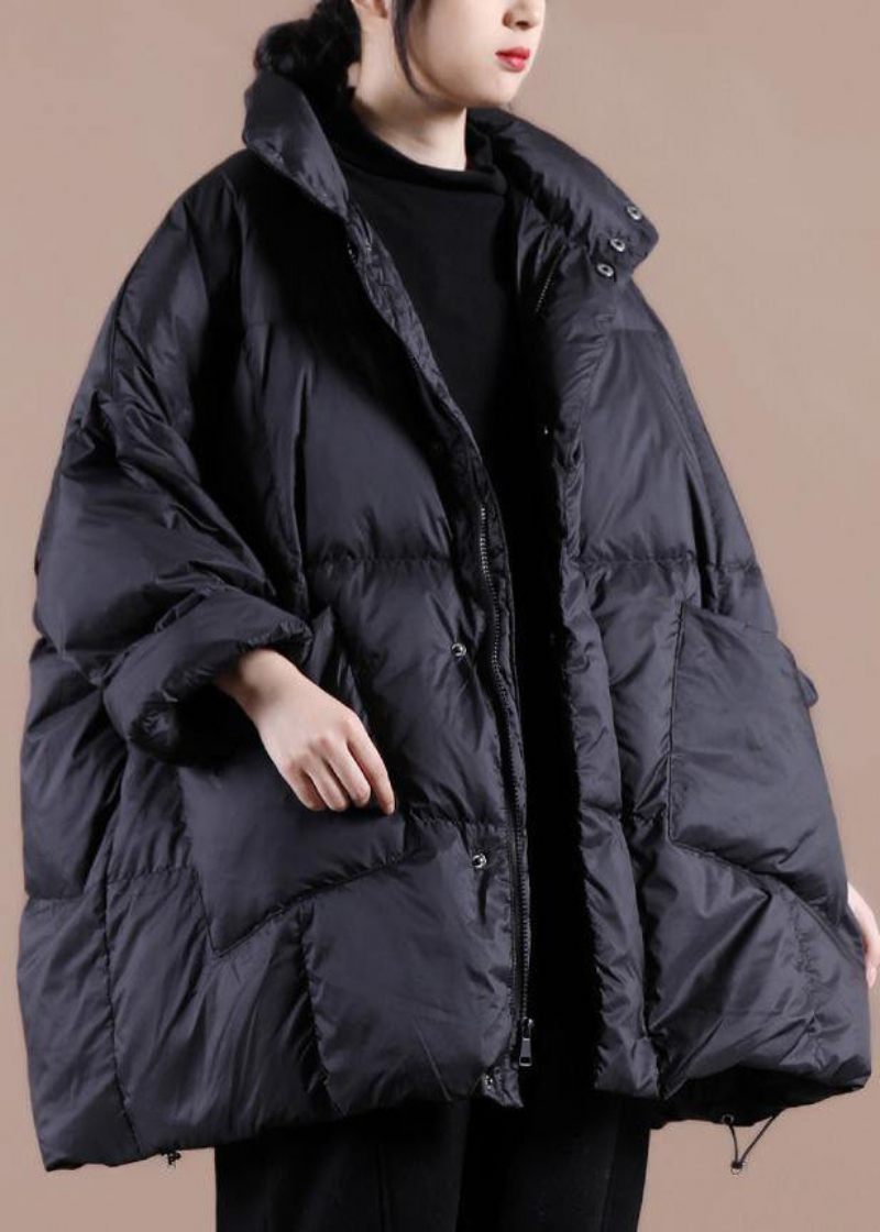 Casual Plus Size Tøj Dameparka Jakker Sort Standkrave Store Lommer Dunfrakke Vinter - Sort