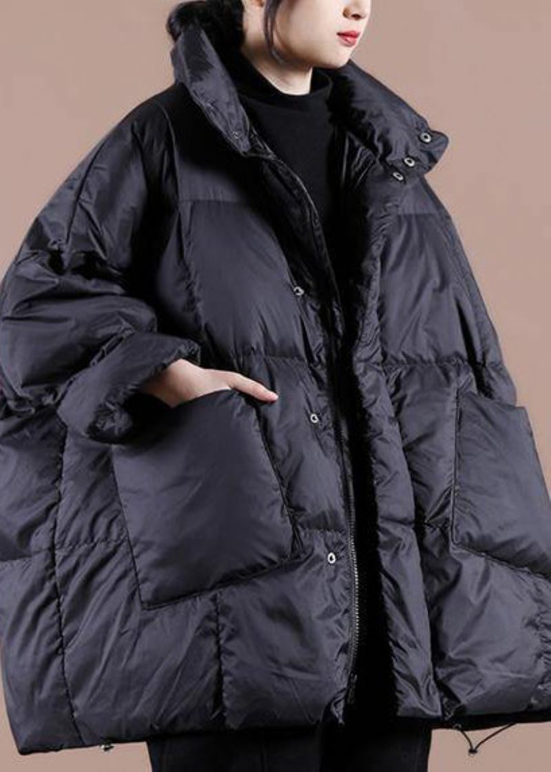 Casual Plus Size Tøj Dameparka Jakker Sort Standkrave Store Lommer Dunfrakke Vinter - Sort