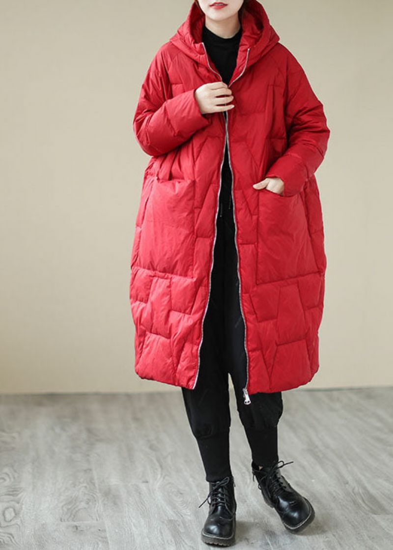 Casual Red Zip Up Tyk Fin Bomuld Fyldt Frakke Vinter