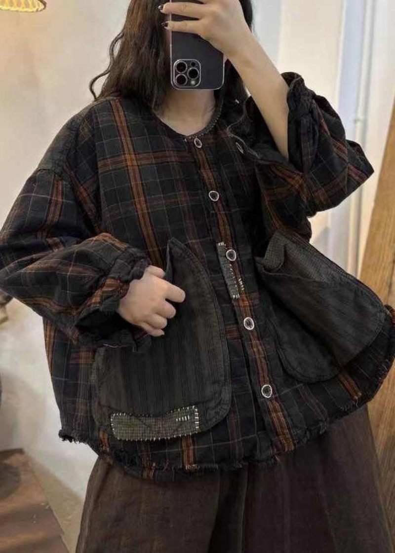 Casual Sort Brun Plaid Oversized Patchwork Store Lommer Fin Bomuld Fyldt Frakke Vinter