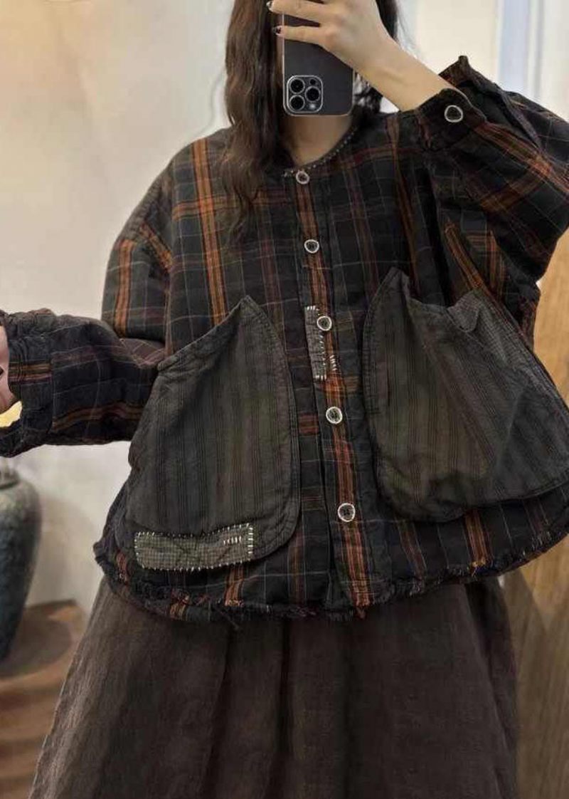 Casual Sort Brun Plaid Oversized Patchwork Store Lommer Fin Bomuld Fyldt Frakke Vinter - Dame dunjakker