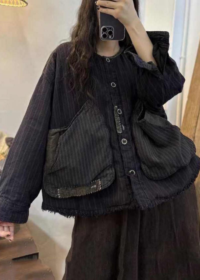 Casual Sort Brun Plaid Oversized Patchwork Store Lommer Fin Bomuld Fyldt Frakke Vinter - Dame dunjakker