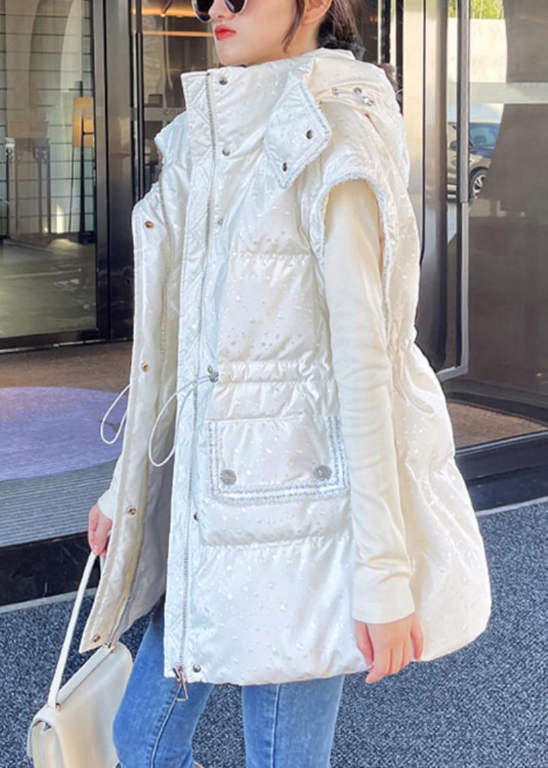 Chic Beige Hætte Snøre Patchwork Aftagelig Ærme Duck Down Puffer Coat Vinter - Dame dunjakker