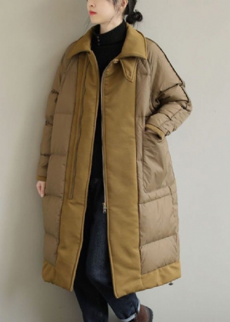 Chic Khaki Peter Pan Krave Patchwork Andedun Puffer Coat Vinter