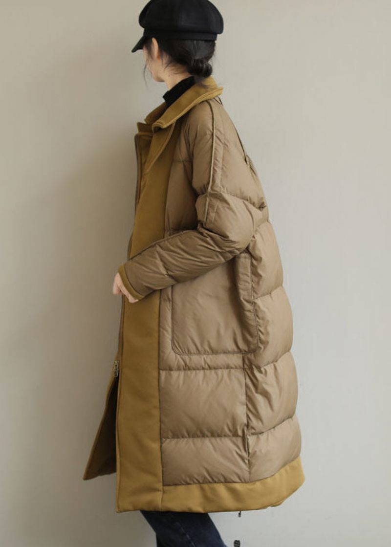 Chic Khaki Peter Pan Krave Patchwork Andedun Puffer Coat Vinter - Kaki