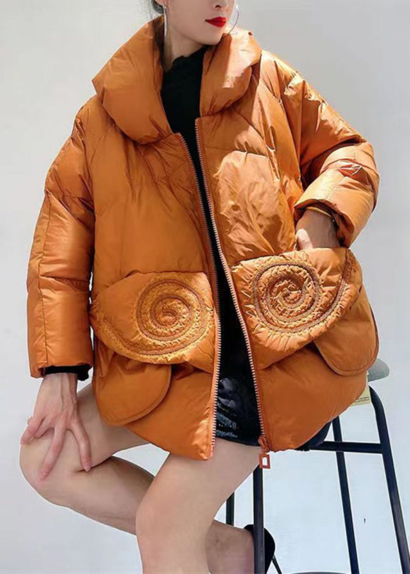 Chic Orange Lynlåslommer Patchwork Andedunsfrakker Vinter - Dame dunjakker