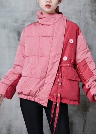 Chic Pink Asymmetrisk Patchwork Lace Up Fin Bomuld Fyldt Parka Jakke Vinter