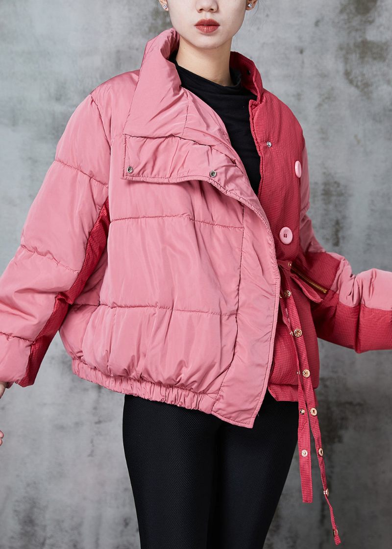 Chic Pink Asymmetrisk Patchwork Lace Up Fin Bomuld Fyldt Parka Jakke Vinter - Dame dunjakker