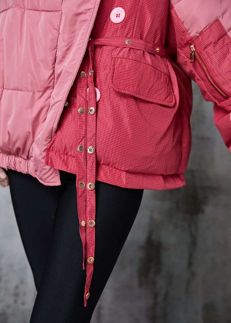 Chic Pink Asymmetrisk Patchwork Lace Up Fin Bomuld Fyldt Parka Jakke Vinter - Dame dunjakker